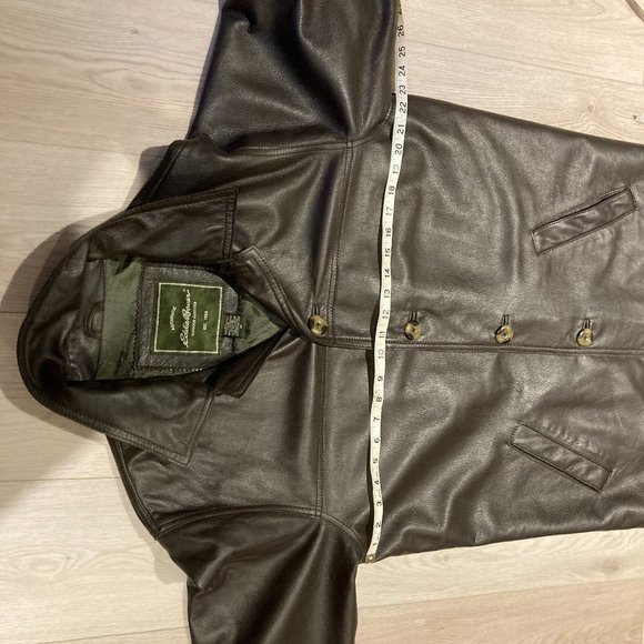 EDDIE BAUER MENS Medium Dark Brown Genuine LEATHER Button Down QuiltLined JACKET - Picture 5 of 15